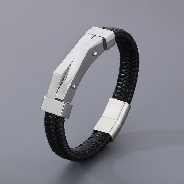 Men's Fashion Personality Stainless Steel Geometric Leather Bracelet